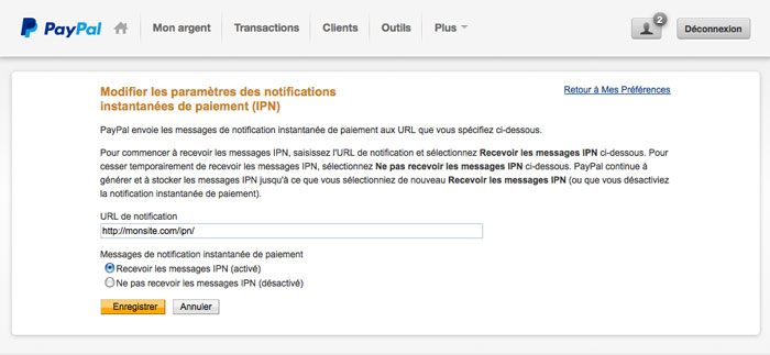 interface de configuration de l'ipn paypal