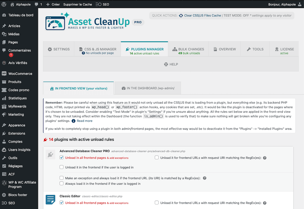 Interface de gestion des plugins de Asset Cleanup